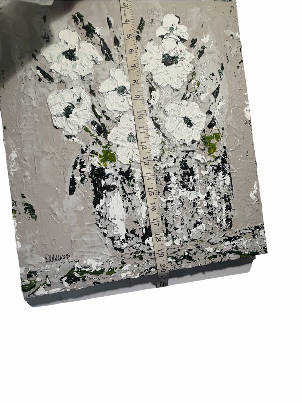 Original Artwork Blooms Textured White with Dark Green on Gray 16 x 20" - Picture 14 of 16
